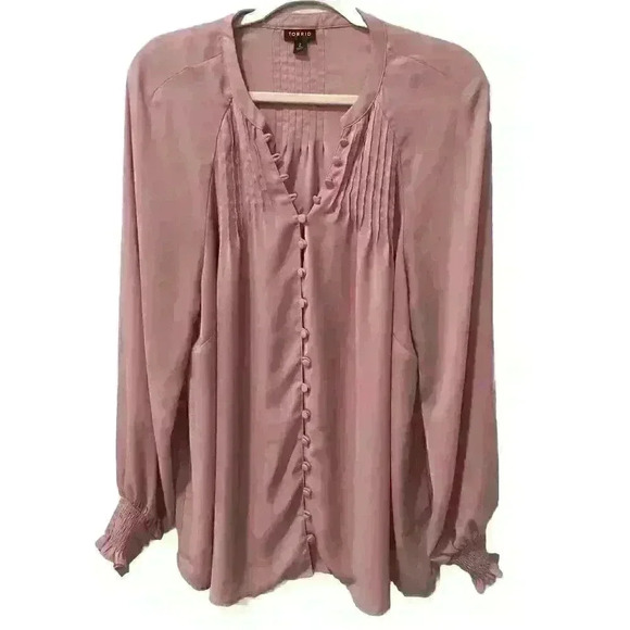 Torrid Georgette Button Front Smocked Long Sleeve Blouse Size 2 Mauve Pink - Picture 1 of 11